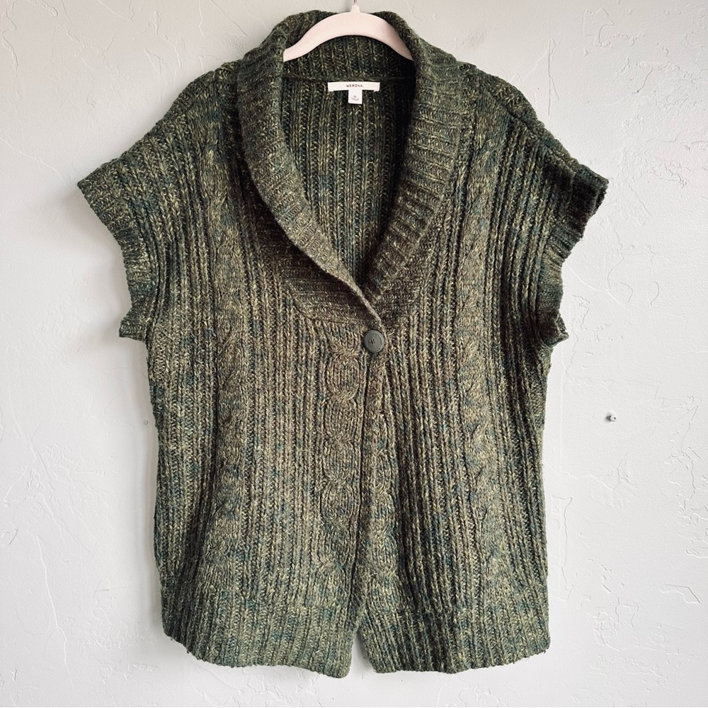 Merona Women’s Green Cable Knit Short Sleeve Sweater XL EUC Wool Blend Cottage